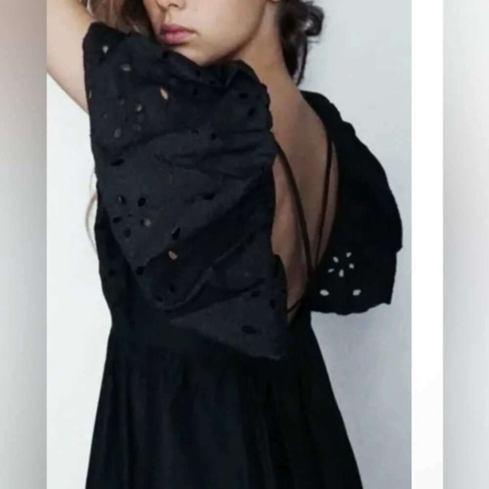 Zara Open Work Embroidered Dress Black Size Small - Picture 7 of 8
